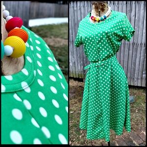 Vintage 60s green & white polka dot dotted twirl dress & belt Womens S